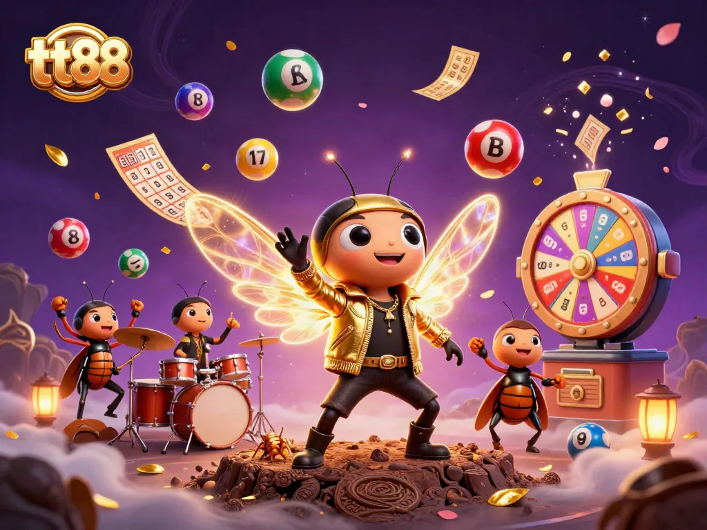 Experience the vibrant tt88 lottery scene with a cicada rock star and colorful game elements.