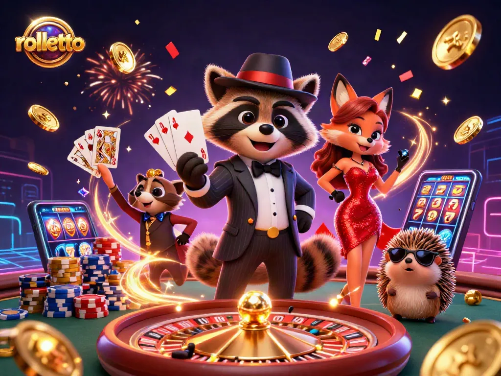 Experience the thrill of rolletto with a raccoon, fox, and hedgehog amidst flying coins and a roulette wheel.
