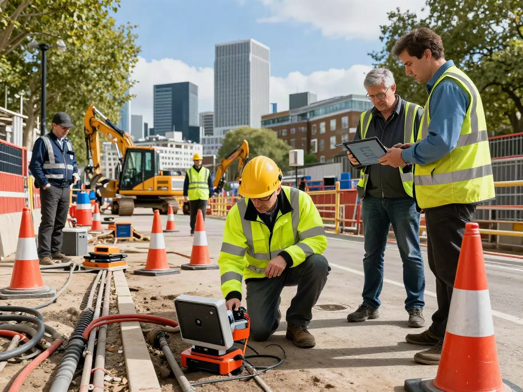 Utility Surveyors London using advanced GPR equipment at a construction site