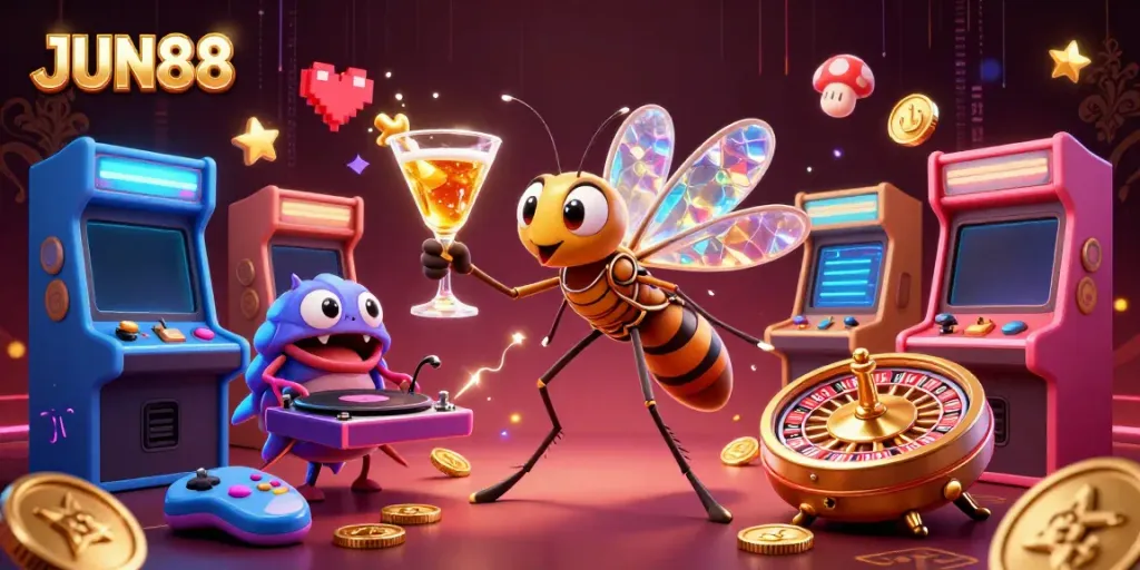 Experience JUN88's vibrant online casino atmosphere with a unique mascot and gaming elements.