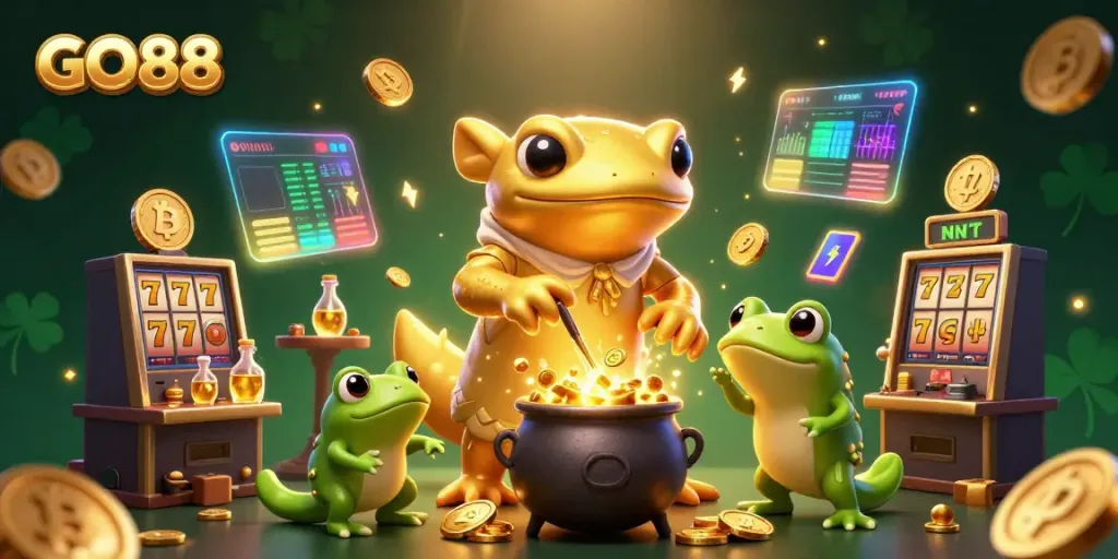 Experience GO88's golden alchemy in a vibrant casino-themed illustration of enchanting characters and game elements.