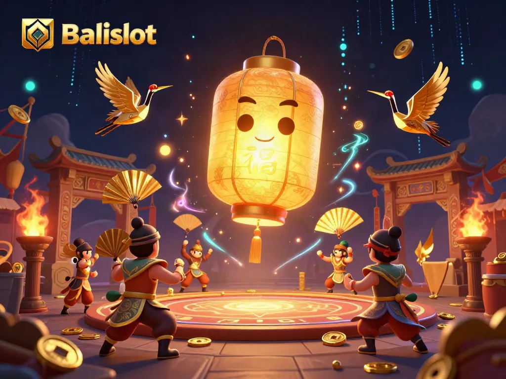 Experience Balislot's vibrant casino world with glowing lanterns, winning symbols, and gold coins.