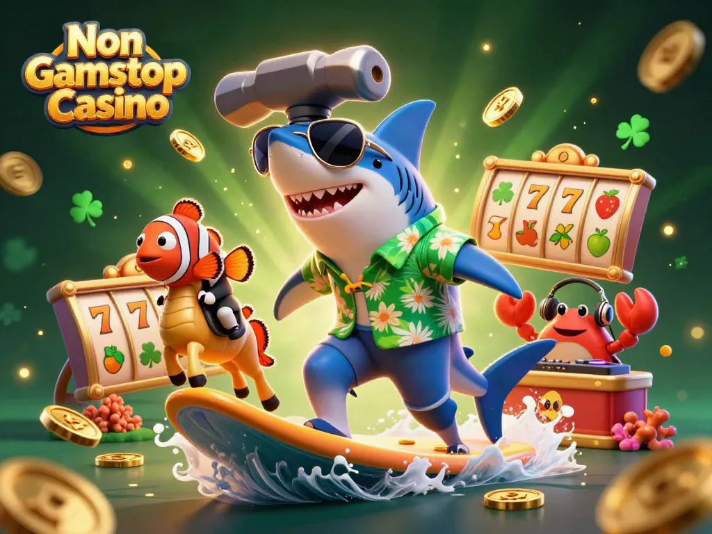 Watch exciting gaming action at a Non Gamstop Casino with a shark surfing gold coins alongside vibrant sea creatures.