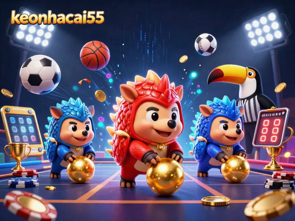 Engage in thrilling gameplay with keonhacai55, featuring rival pangolins bowling through stacked poker chips.
