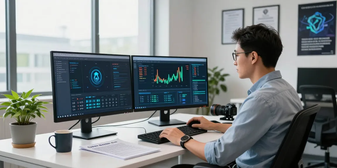 IT professional reviewing cybersecurity software while seeking a cyber essentials quote in a bright office environment.