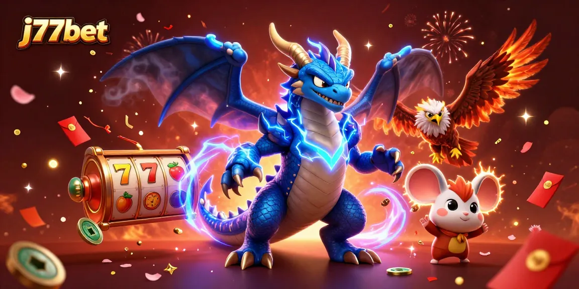 Experience the thrill of j77bet's dynamic slots with a powerful thunder dragon and glowing hawk in a festive scene.