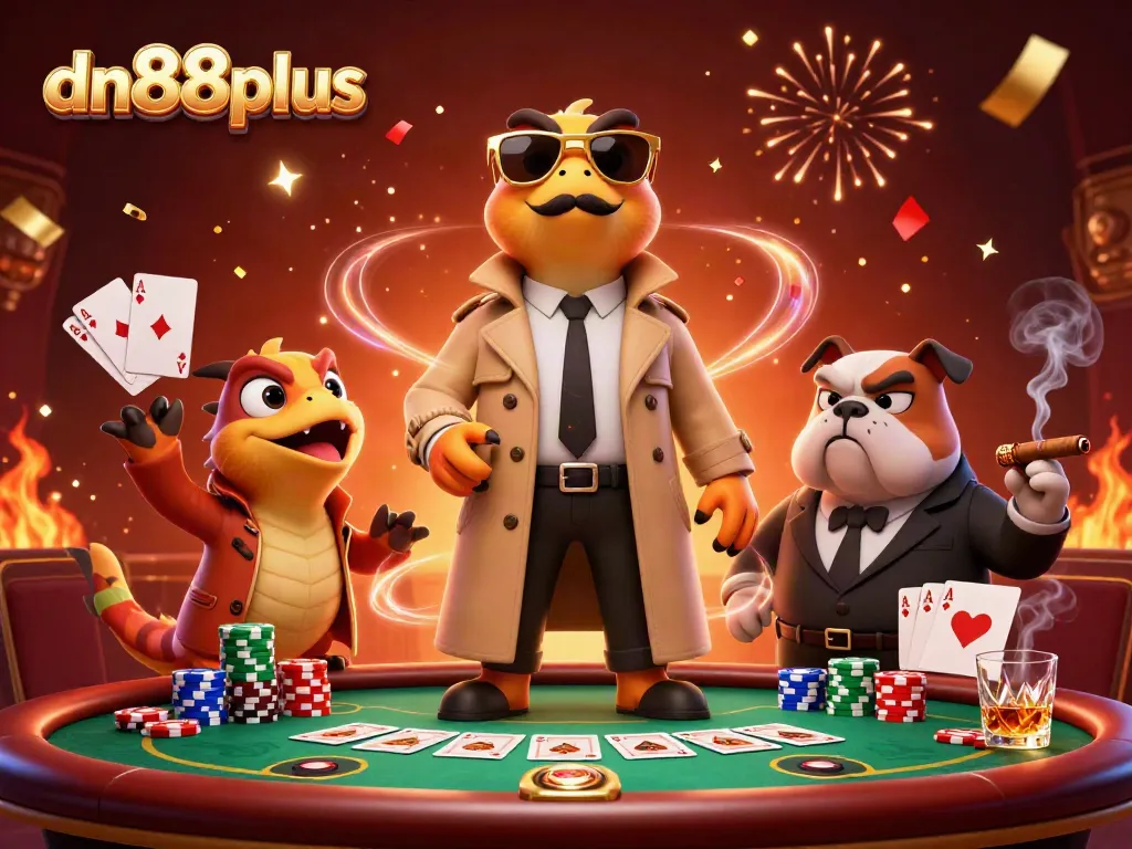 Engage with dn88plus in a lively casino scene featuring raptors in disguise and vibrant game elements.
