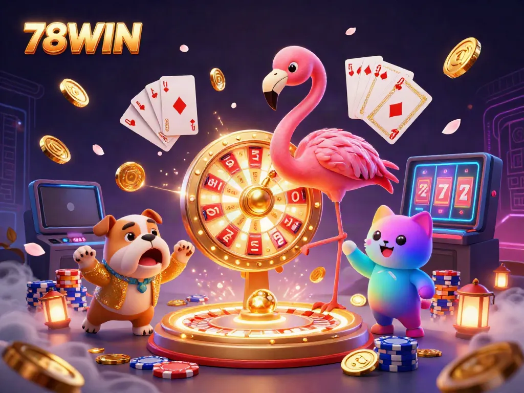 Spin to win at 78WIN with exciting rewards and vibrant casino elements in this dynamic illustration.