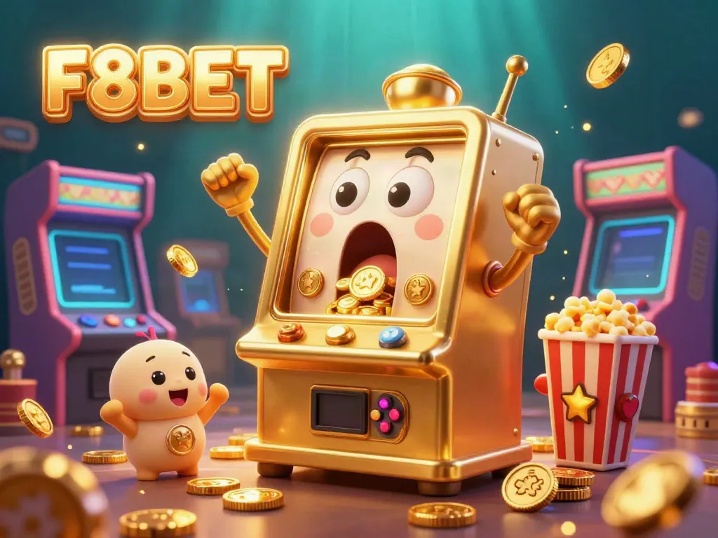 Celebrate jackpots at F8BET with an animated golden slot machine pouring coins in a vibrant casino scene.