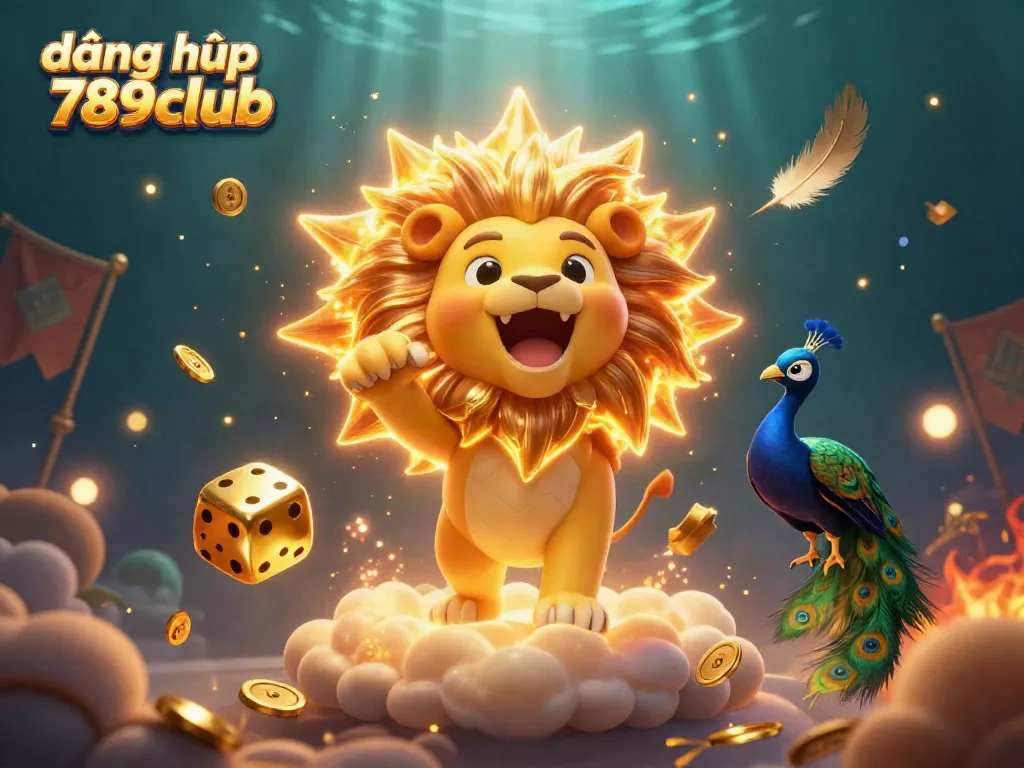 Engaging illustration showcasing the vibrant scene of đăng nhập 789club with a triumphant sun lion, dynamic dice, and casino elements.