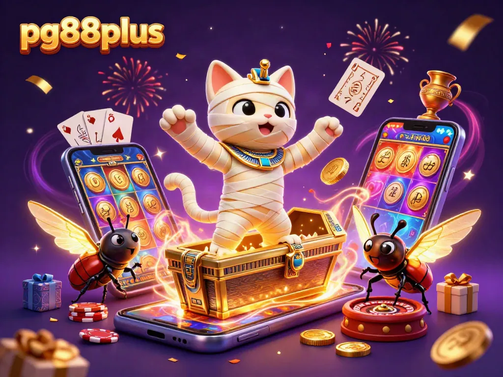 Join the excitement at pg88plus, featuring a mummy cat, golden sarcophagus, and vibrant casino elements.