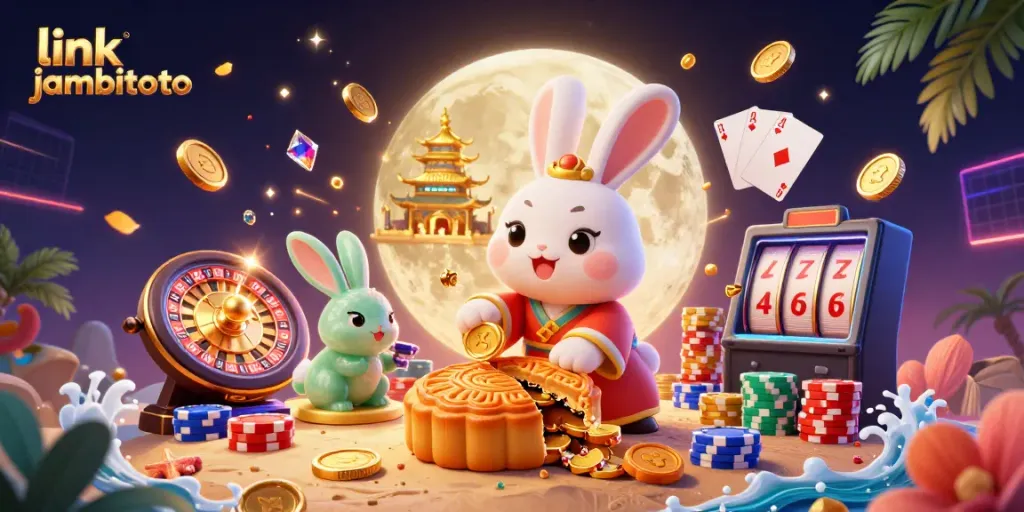 Engage with link jambitoto in a vibrant lunar casino scene filled with poker chips, golden coins, and spinning roulette.
