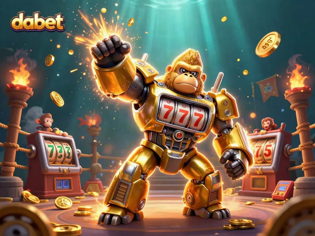 Dabet showcases a golden gorilla mech amidst a vibrant casino scene, spinning reels and exploding coins.