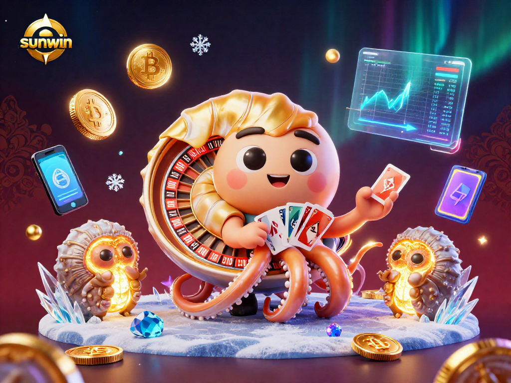 Experience thrilling sunwin gameplay with colorful coins and glowing characters in a vibrant online casino illustration.