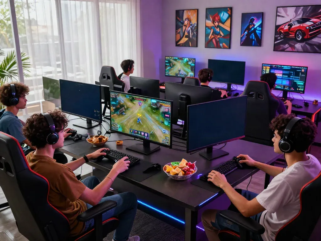 Group of gamers enjoying a thrilling session at da88 in high-tech living room, vibrant lights.