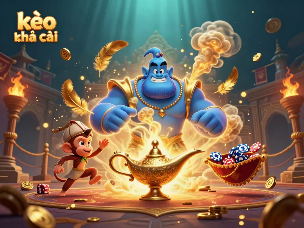 Engaging scene showcasing kèo nhà cái with a massive blue genie, a monkey, and a magic carpet full of poker chips in a dynamic casino atmosphere.