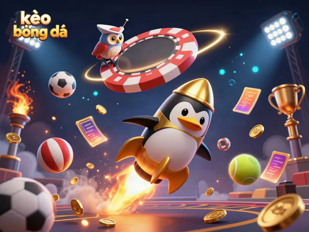 Experience kèo bóng đá excitement with a golden penguin, sports elements, and dynamic backgrounds