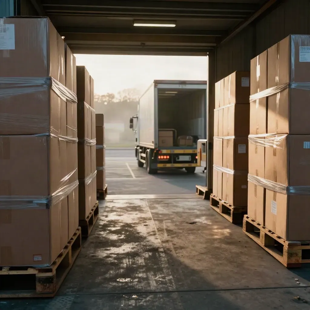 Half-filled warehouse dock with cartons, a waiting lorry, and one lifting shutter at dawn.