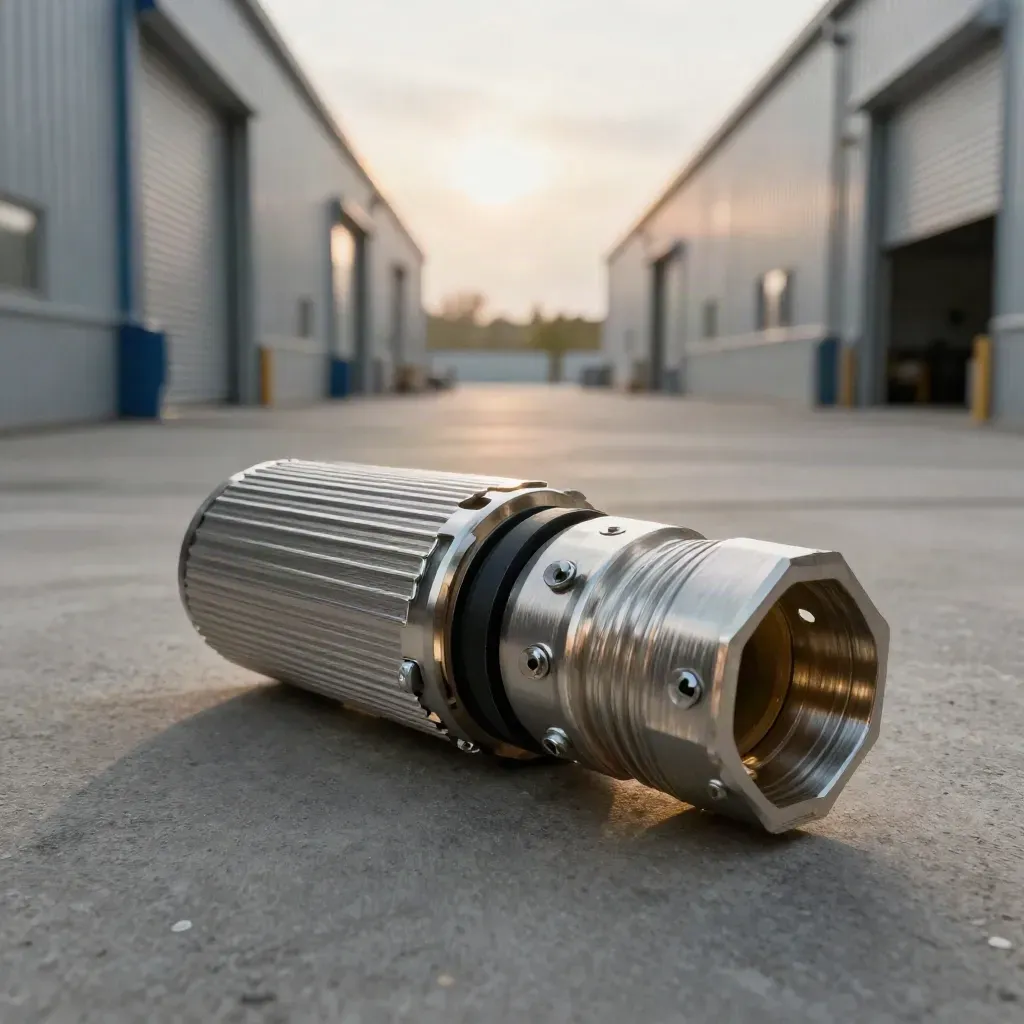 Brushed-metal connector joining two industrial units with aligned shutters and concrete floors.