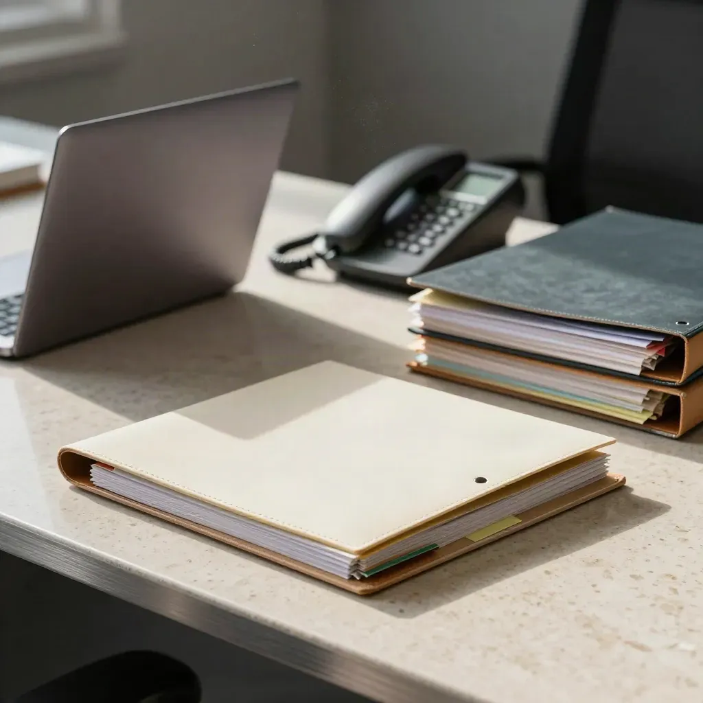 Investor-prep materials on travertine with laptop, phone and colour-tabbed binders