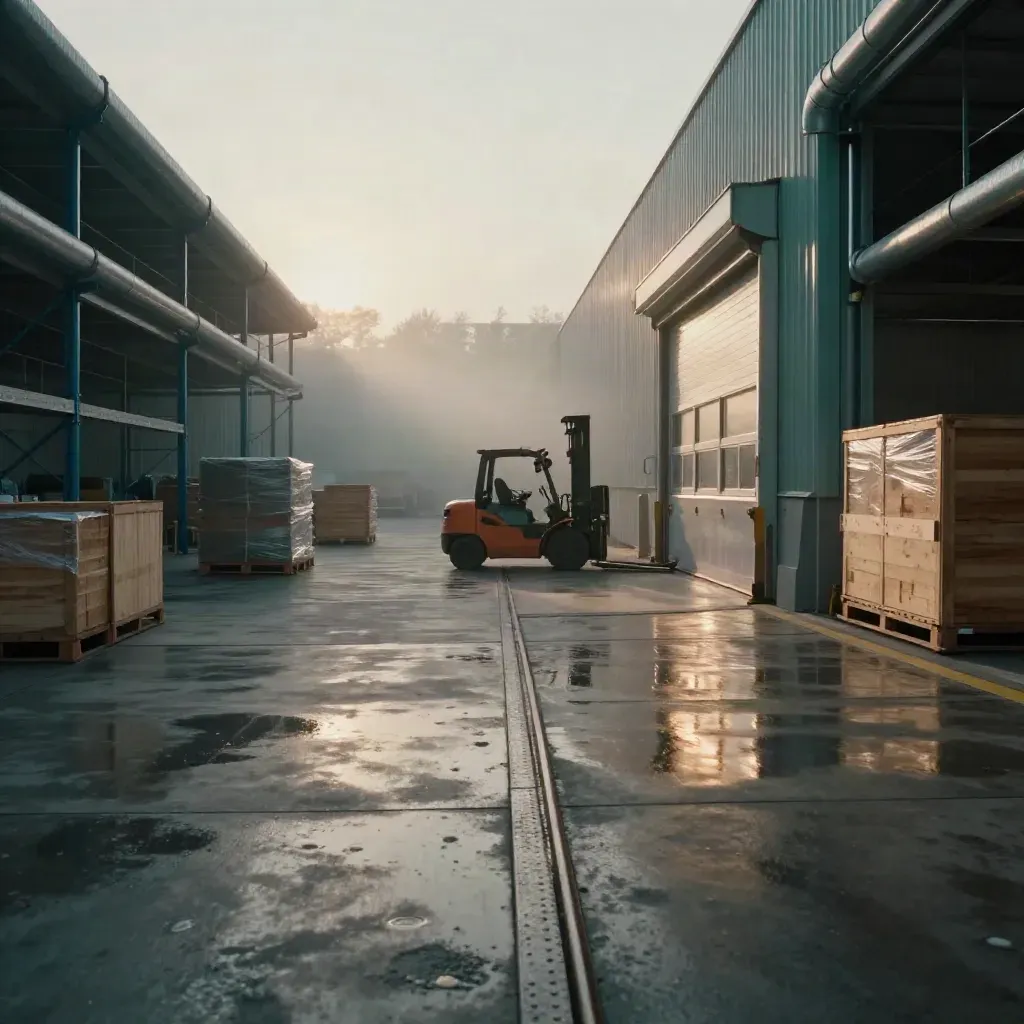 Misty industrial expansion bay with forklift, timber crates and dock door catching dawn rim light.