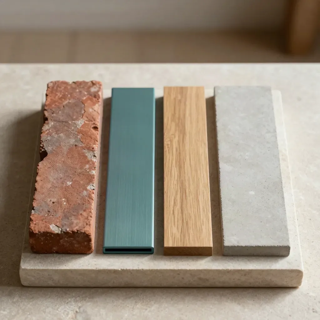 Top-down material samples on a stone plinth in warm light, portfolio strategy concept.