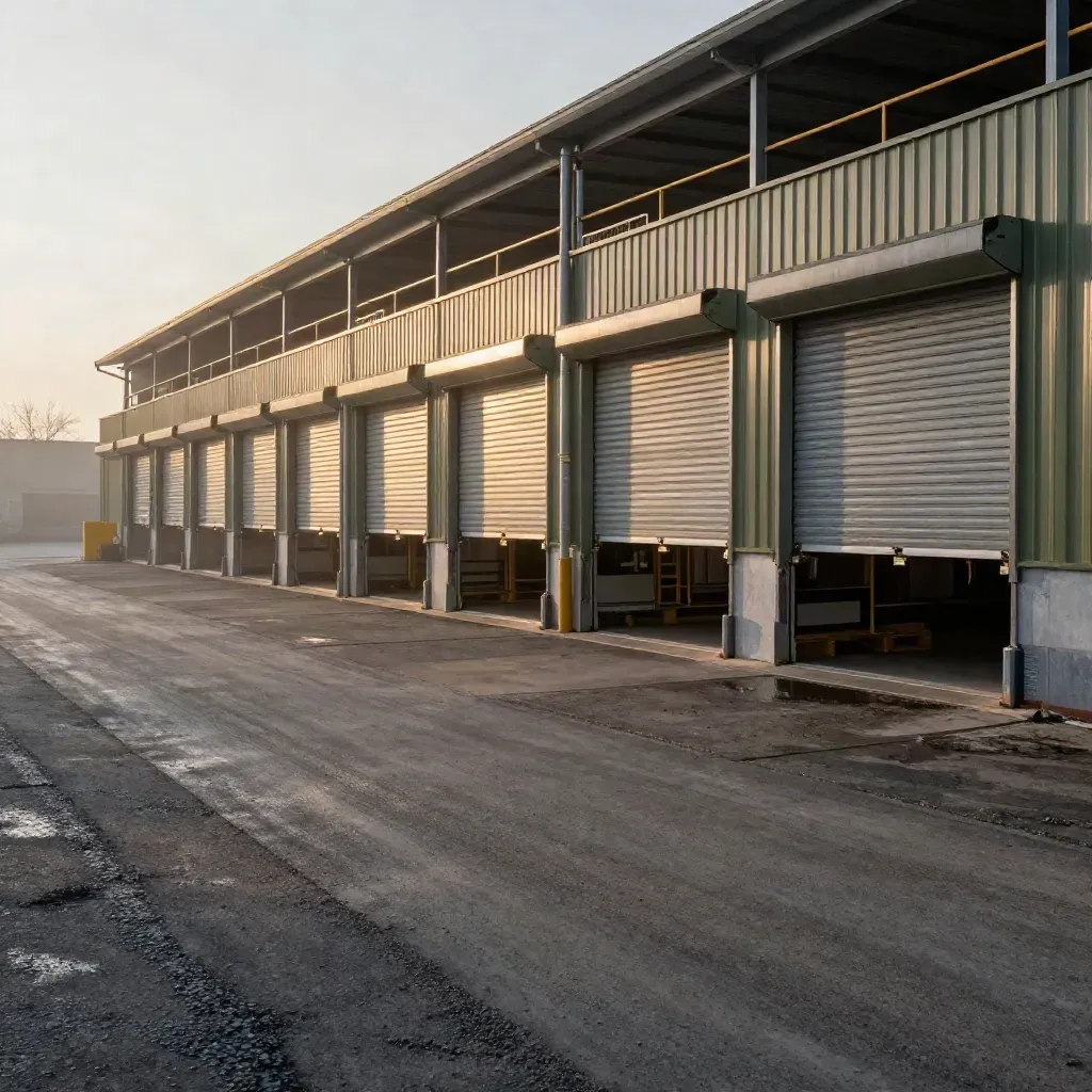 Reconfigured logistics yard with open roller shutters, upgraded racking, and a clean service lane.