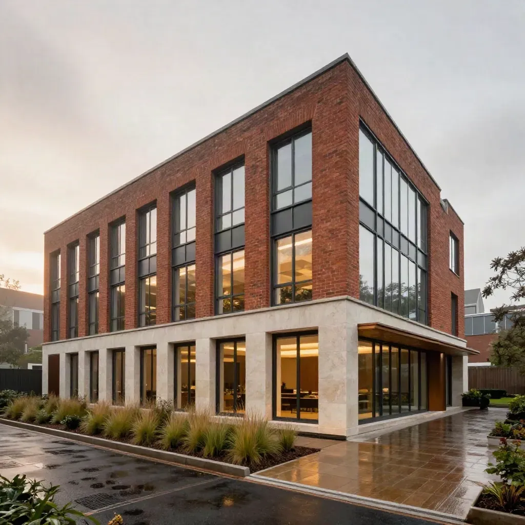 Brick headquarters extension beside a glass wing in soft post-rain light