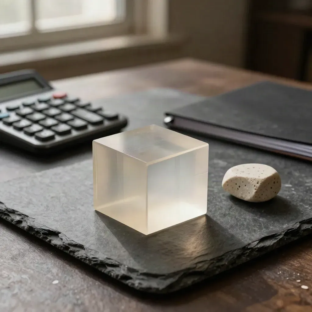 Macro still life of finance tools: model block, calculator and stone paperweight on slate.