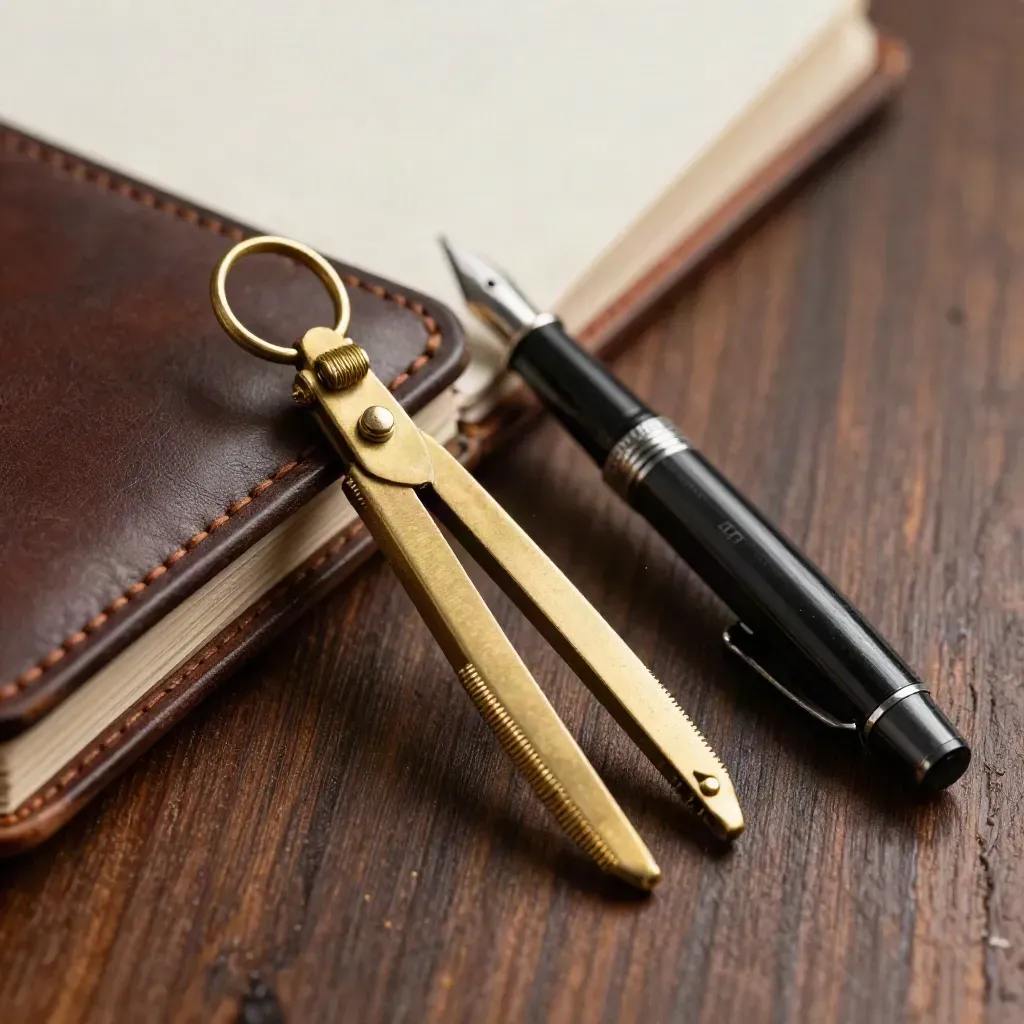 Brass compass, fountain pen and worn leather case on dark oak in warm macro light.