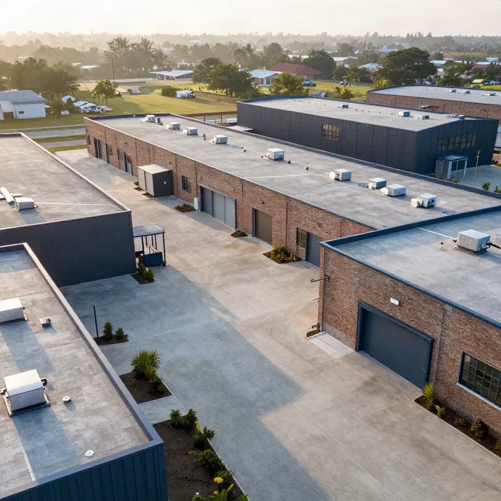 Sale-ready industrial campus with old brick and new steel wings around a clean yard