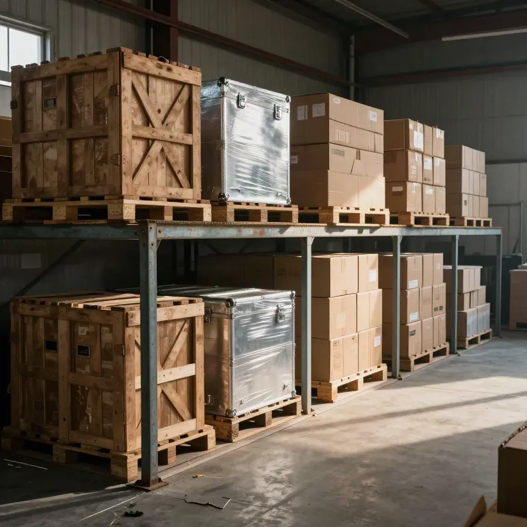 A sparse warehouse mezzanine with four storage bays, crates, and a clear concrete floor.