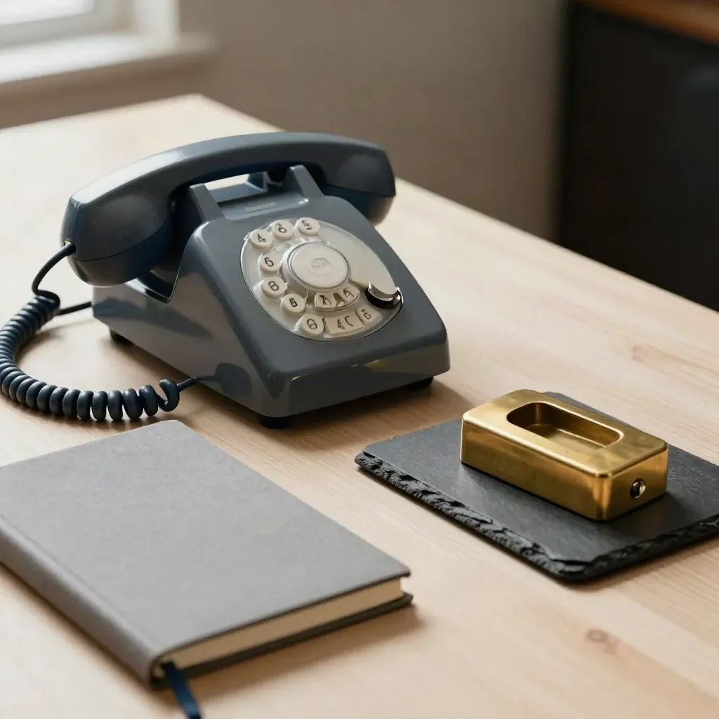 Desk phone, closed notebook and brass weight on pale wood, quiet finance still-life