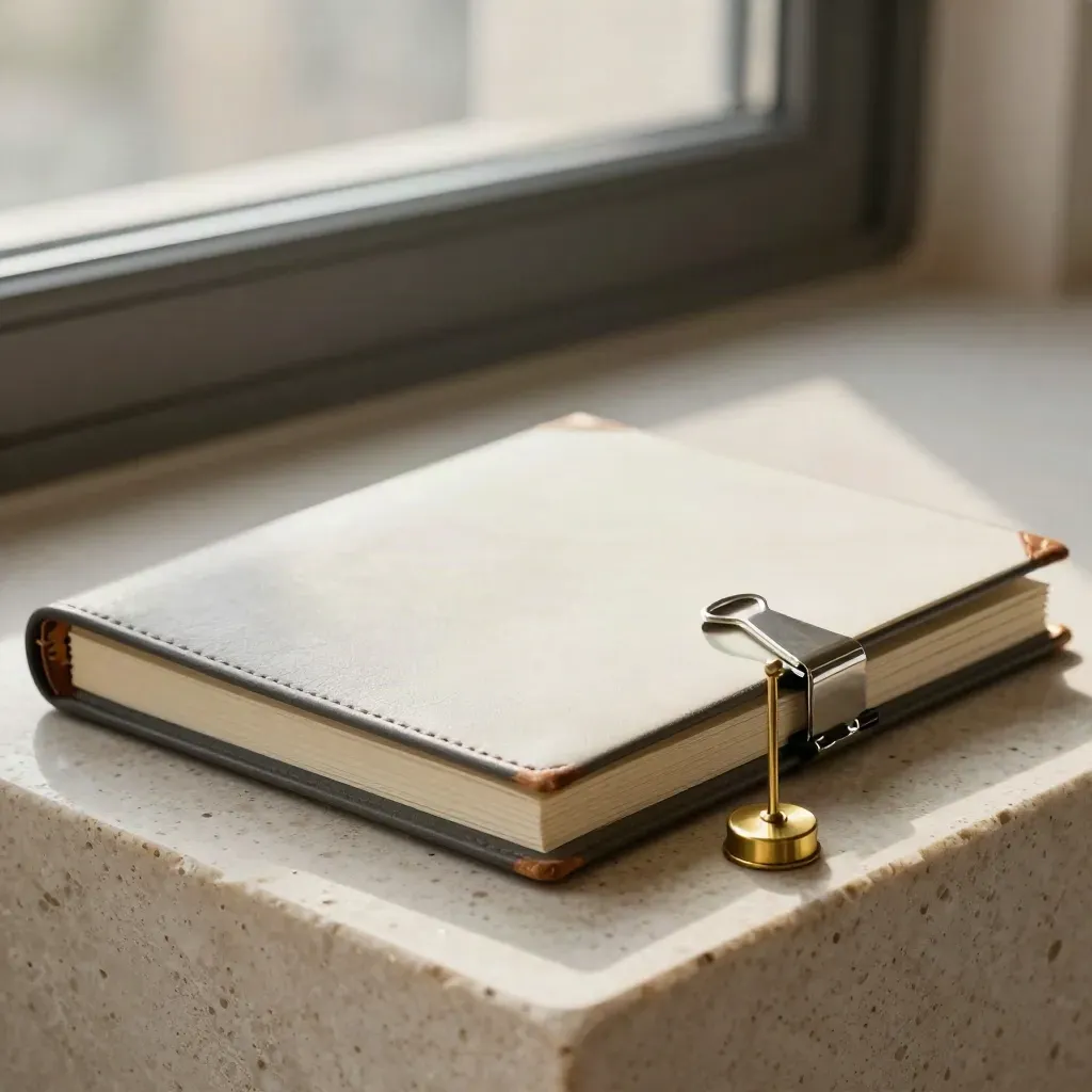 Macro still life of deal folders, binder clip and brass scale weight on pale stone.