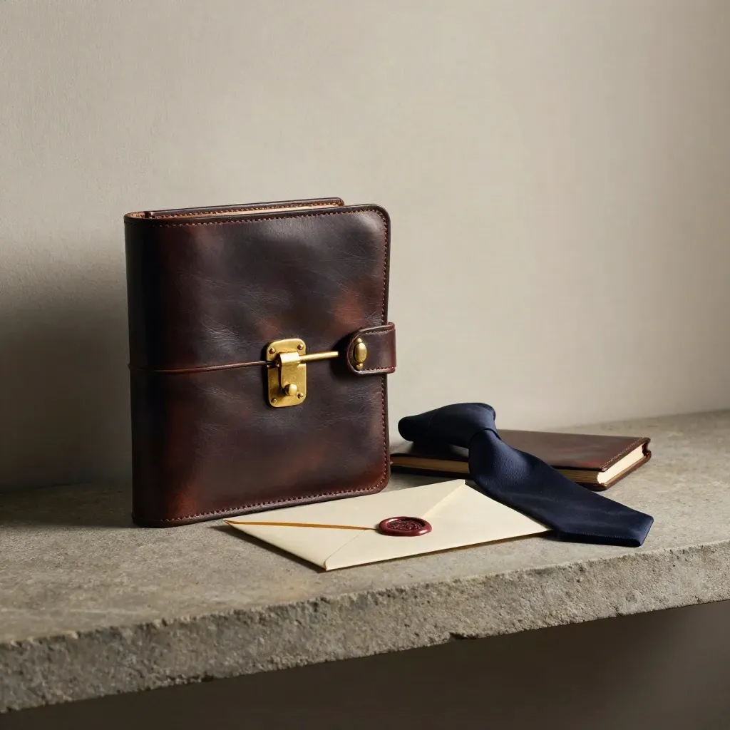 Leather portfolio, brass clasp and wax-sealed envelope on a stone shelf in soft side light.