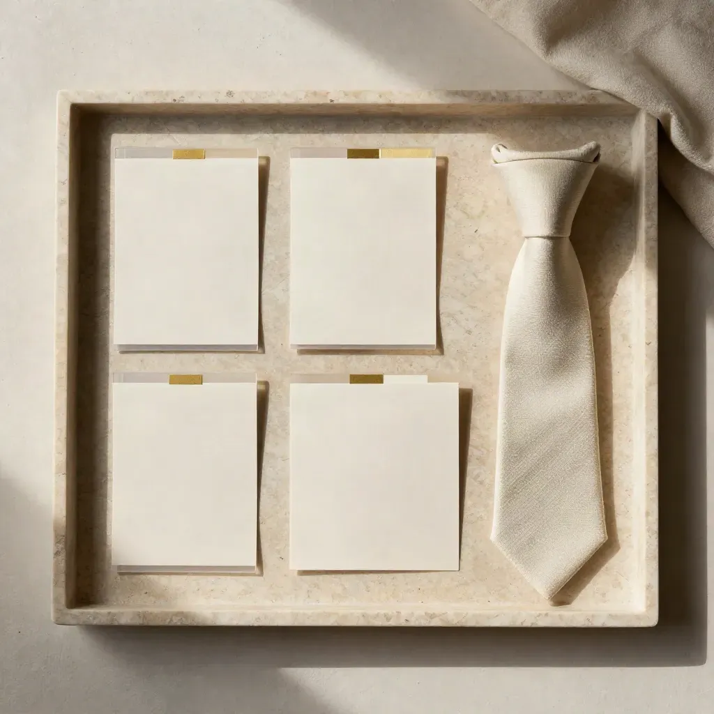 Top-down stone tray with presentation sleeves, gold tabs, folded card and linen cloth