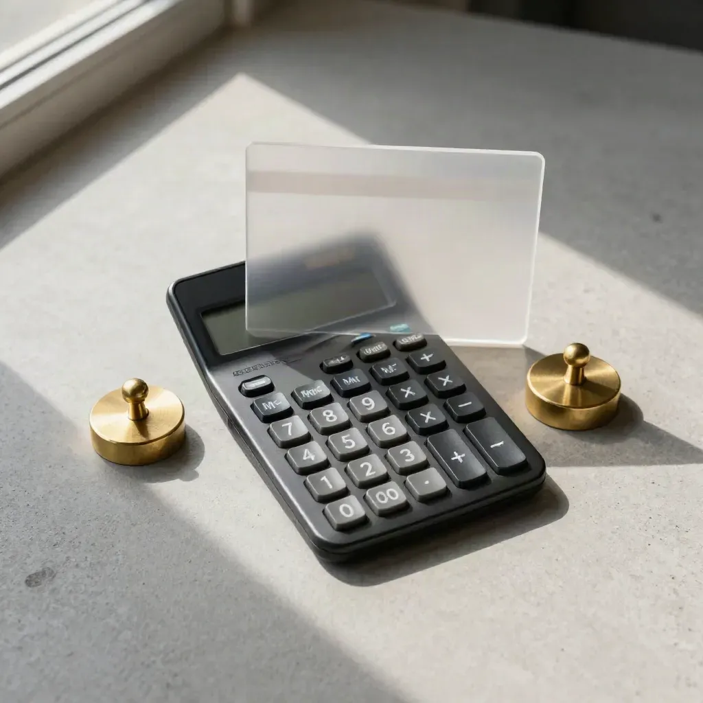 Black calculator with brass weights and frosted divider card on pale concrete, top-down