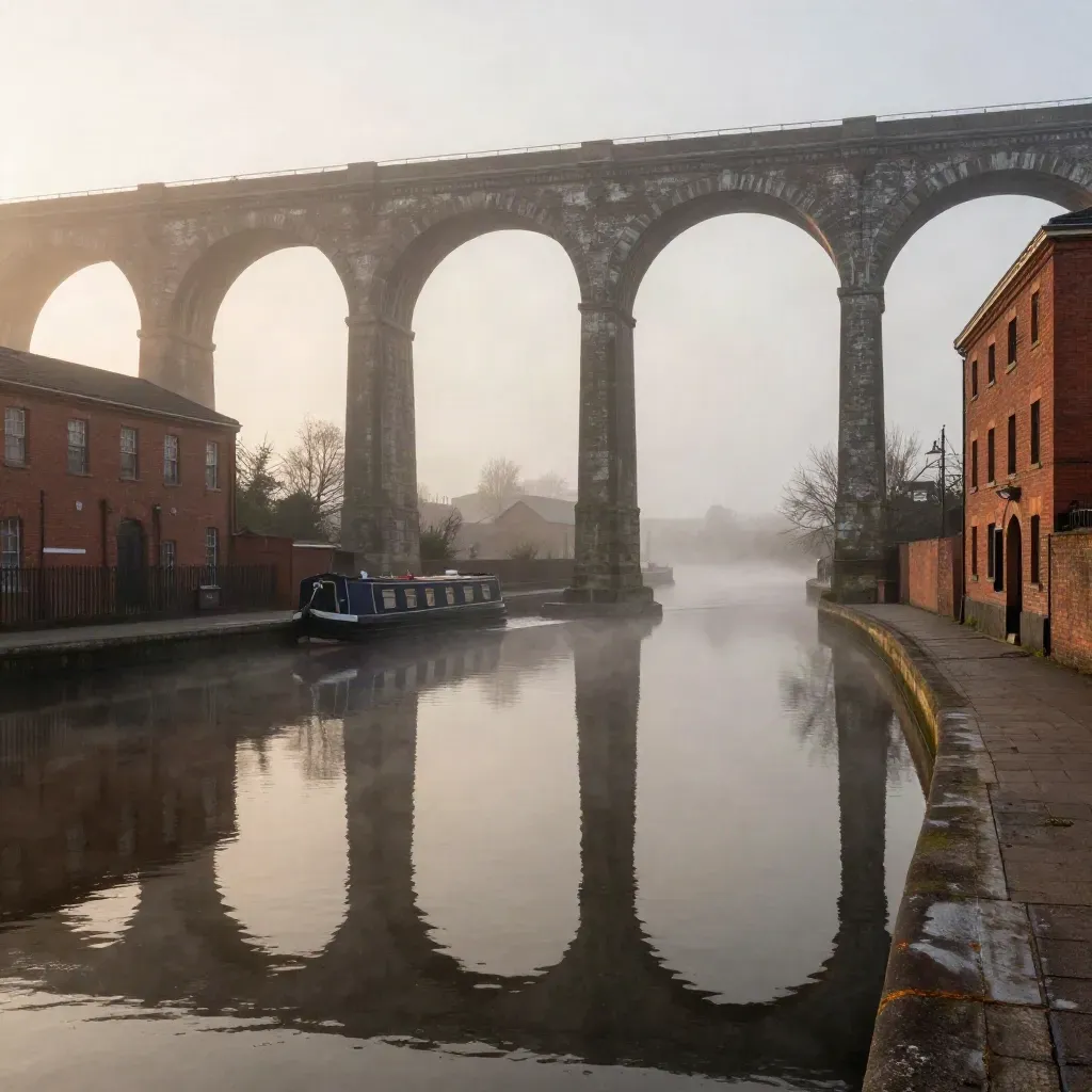 Foggy Birmingham canal viaduct and redbrick warehouses reflected in still water at dawn
