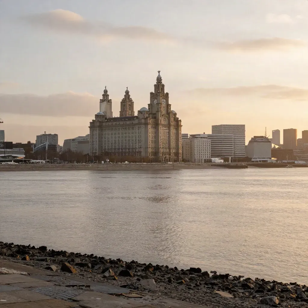 Liverpool waterfront and the Three Graces glowing across a hazy Mersey at sunset