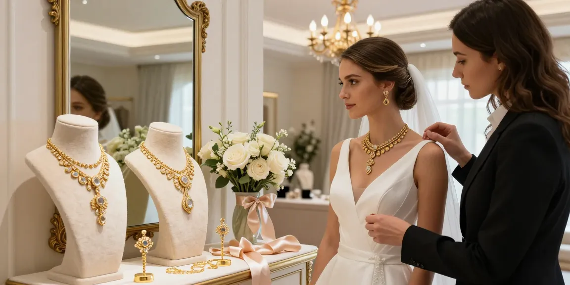 Bridal gold jewellery set showcased in an elegant boutique, enhancing the bride's beauty.