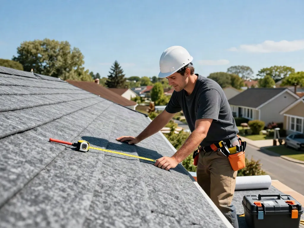 Expert roofer performing felt roofing inspection on a residential property, showcasing felt roofing materials and tools in a sunny setting.