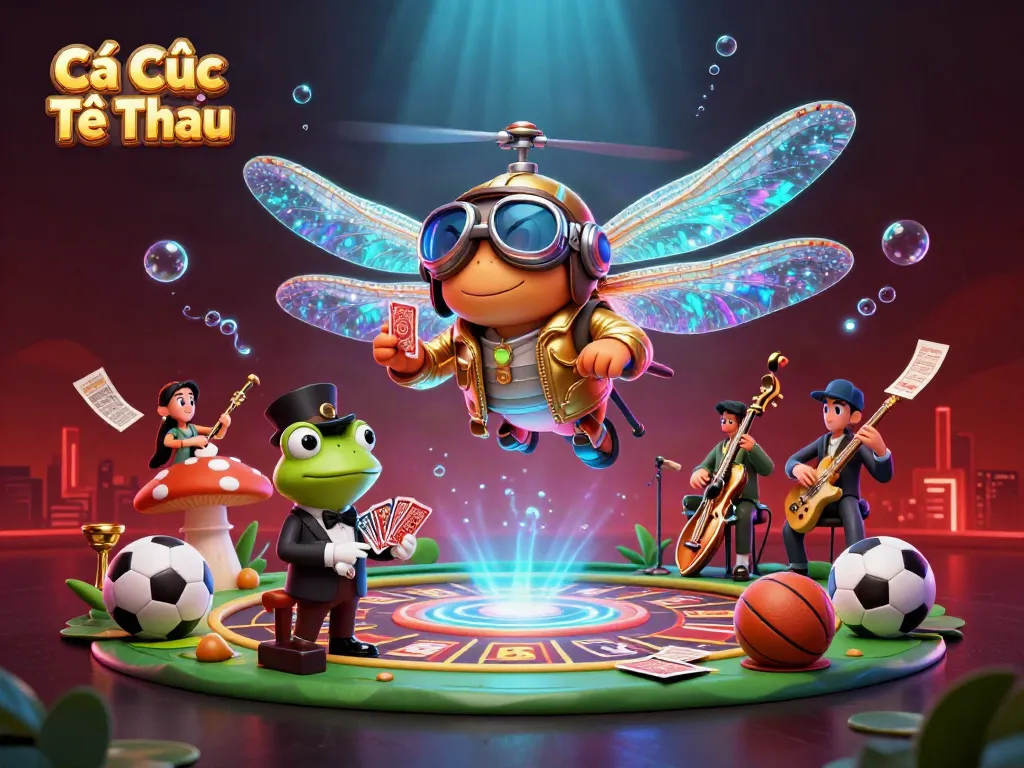 Engage in Cá Cược Thể Thao with thrilling characters enjoying sports betting action at a lively lily pad casino.