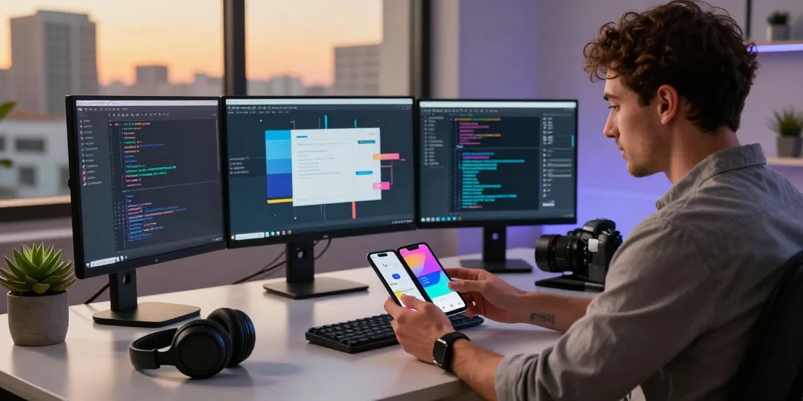 Engaging workspace showcasing a vibrant tri-fold phone with innovative app interface in a tech environment.