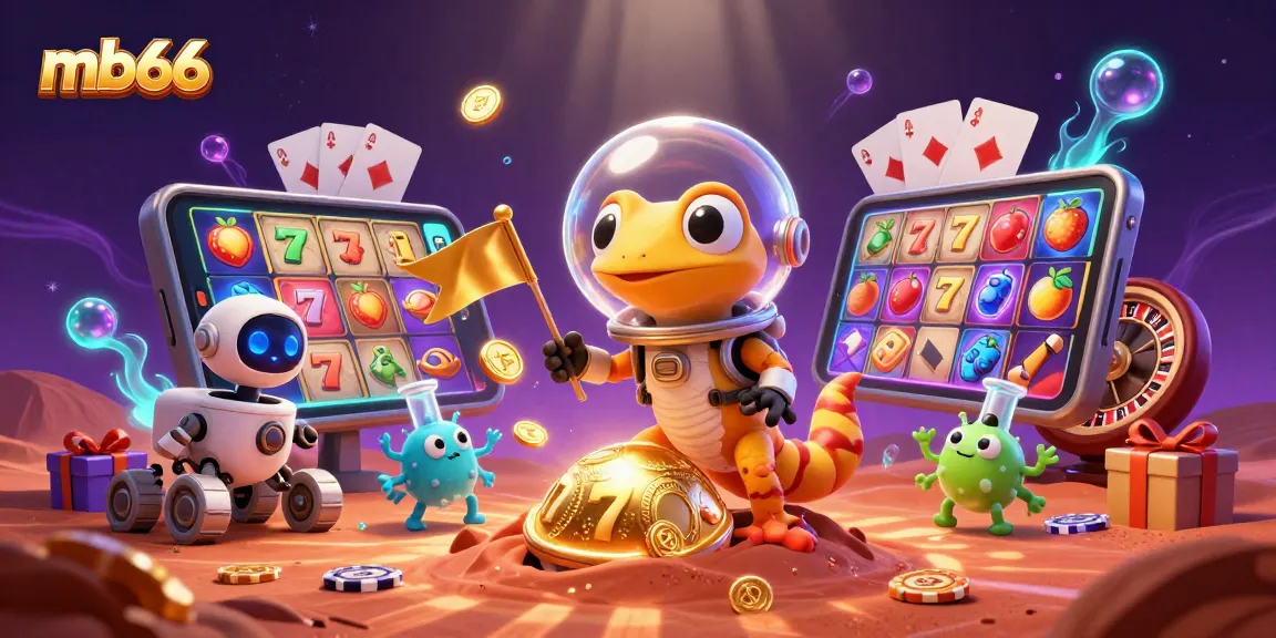 Experience an mb66 golden casino adventure with a Martian gecko amidst vibrant gambling excitement.