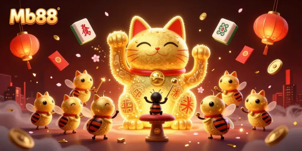 Win big with Mb88 at this vibrant online casino featuring lucky symbols and festive elements!