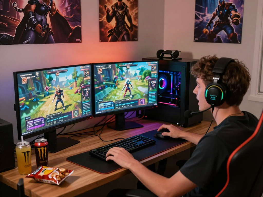 Immersive porngame scene of a player intensely gaming in a cozy nook with dual monitors.