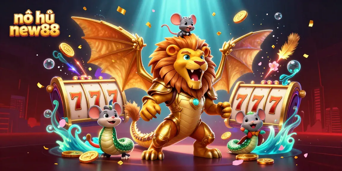 Nổ hũ new88 jackpot excitement with a vibrant 3D scene showcasing golden slot reels and a chimera.