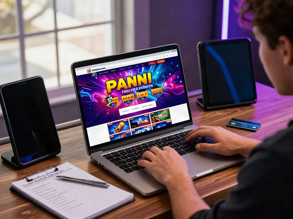 Engaged player at a laptop exploring casinos that accept credit cards with vibrant online gaming elements.