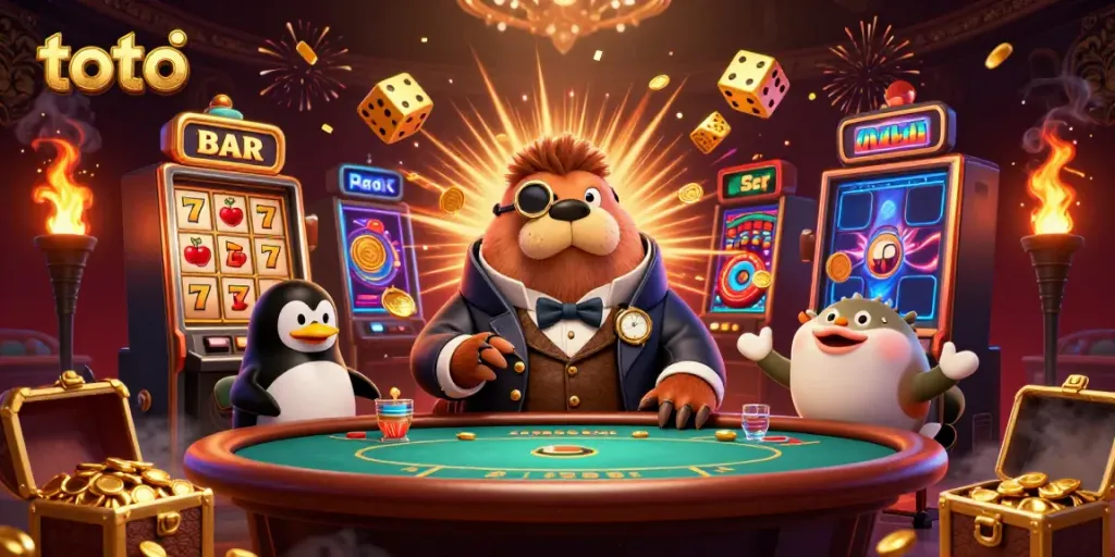 Engaging scene with toto-themed characters playing underwater poker amidst vibrant casino elements.