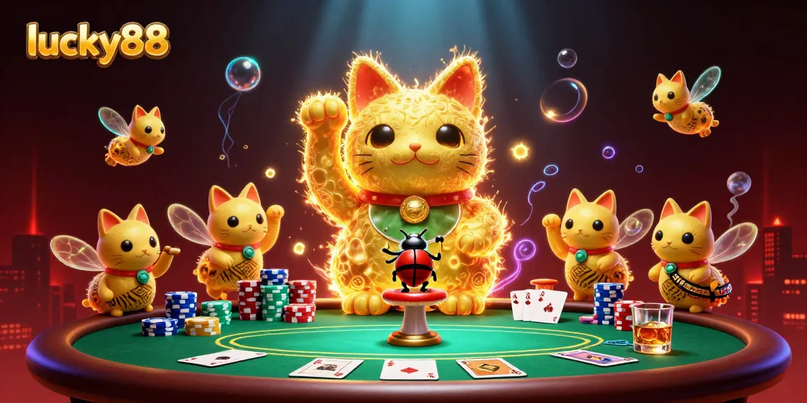 Experience thrilling actions at lucky88 with an animated lucky cat and poker ambiance.